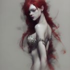 Digital Artwork: Woman with Red Hair, Silver Jewelry, White Dress