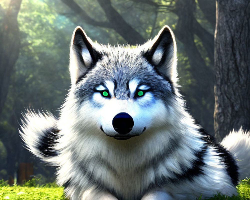 Realistic wolf with blue eyes in lush greenery with sun rays.