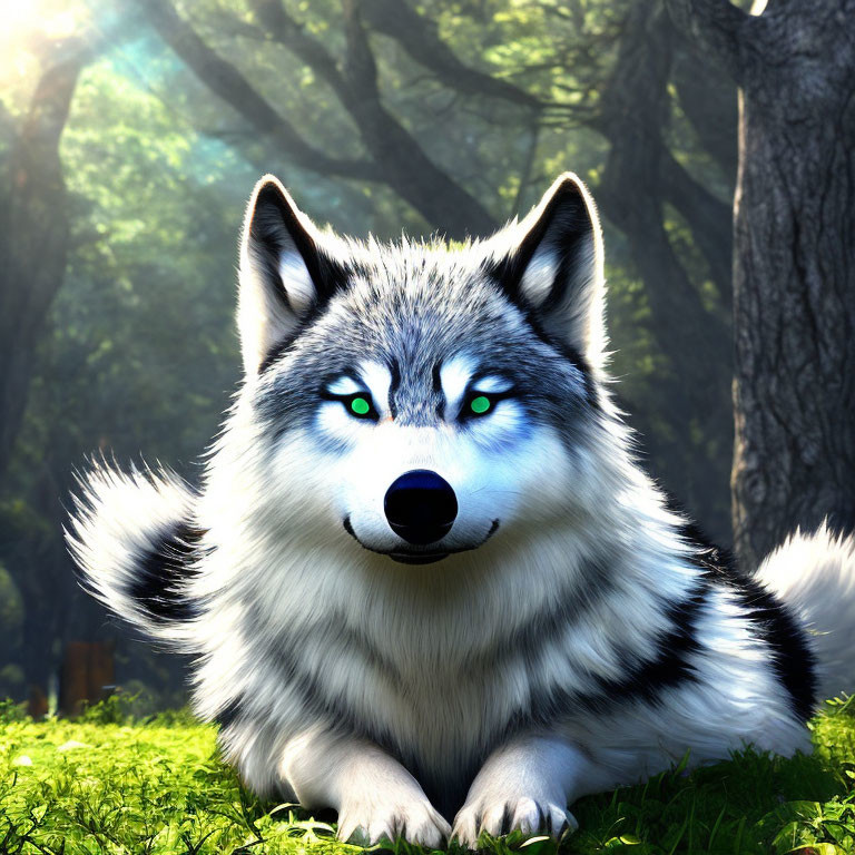 Realistic wolf with blue eyes in lush greenery with sun rays.