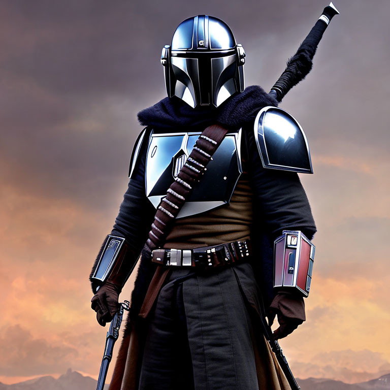 Character in Mandalorian Armor with Cape Poses at Sunset Sky with Staff Weapon