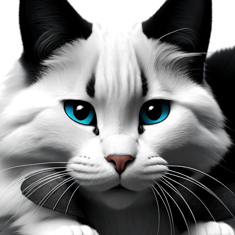 Detailed black and white cat digital illustration with blue eyes and fur texture.