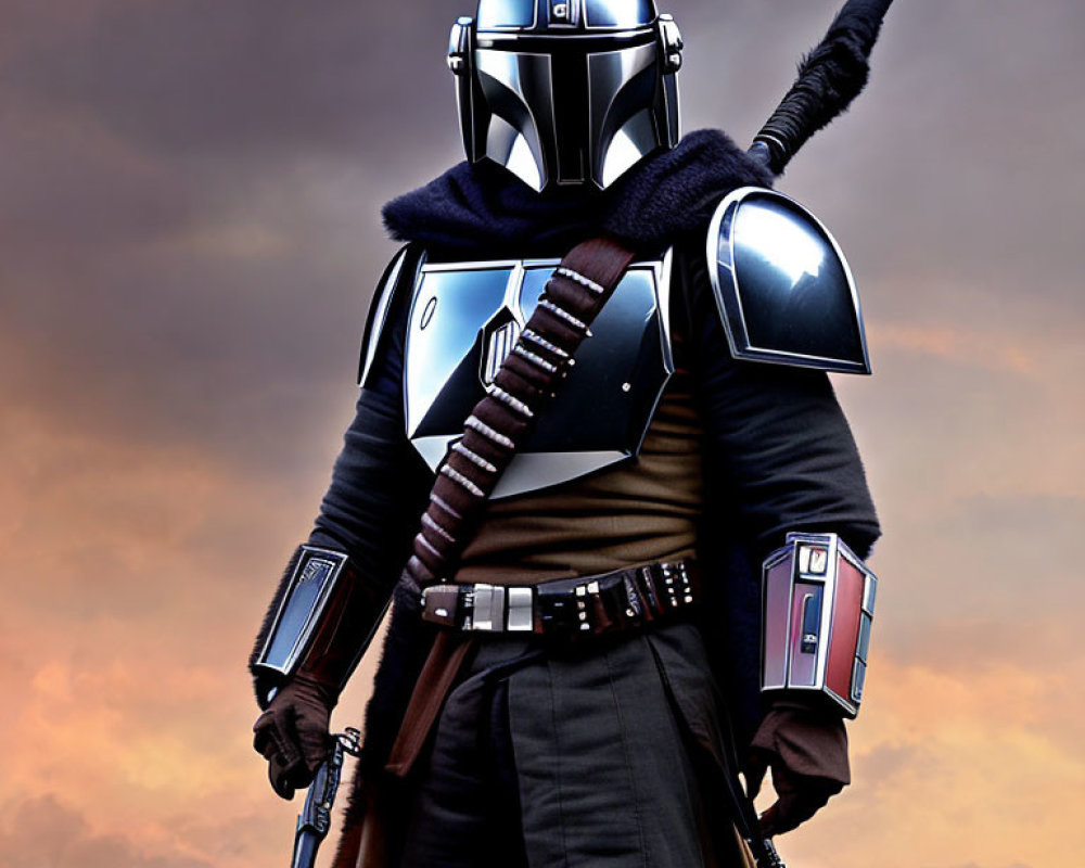 Character in Mandalorian Armor with Cape Poses at Sunset Sky with Staff Weapon