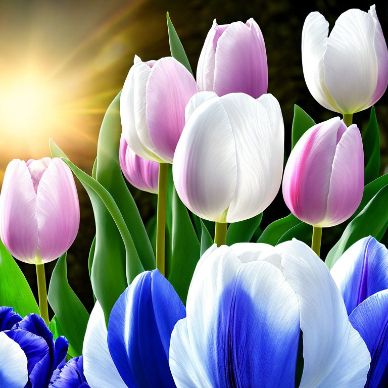 Colorful Tulips in Purple, White, and Blue with Sunlight and Blurred Background