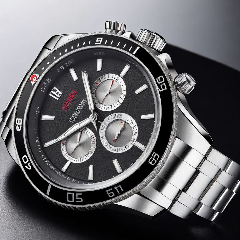 Stainless Steel Luxury Chronograph Watch with Black Dial and Date Display