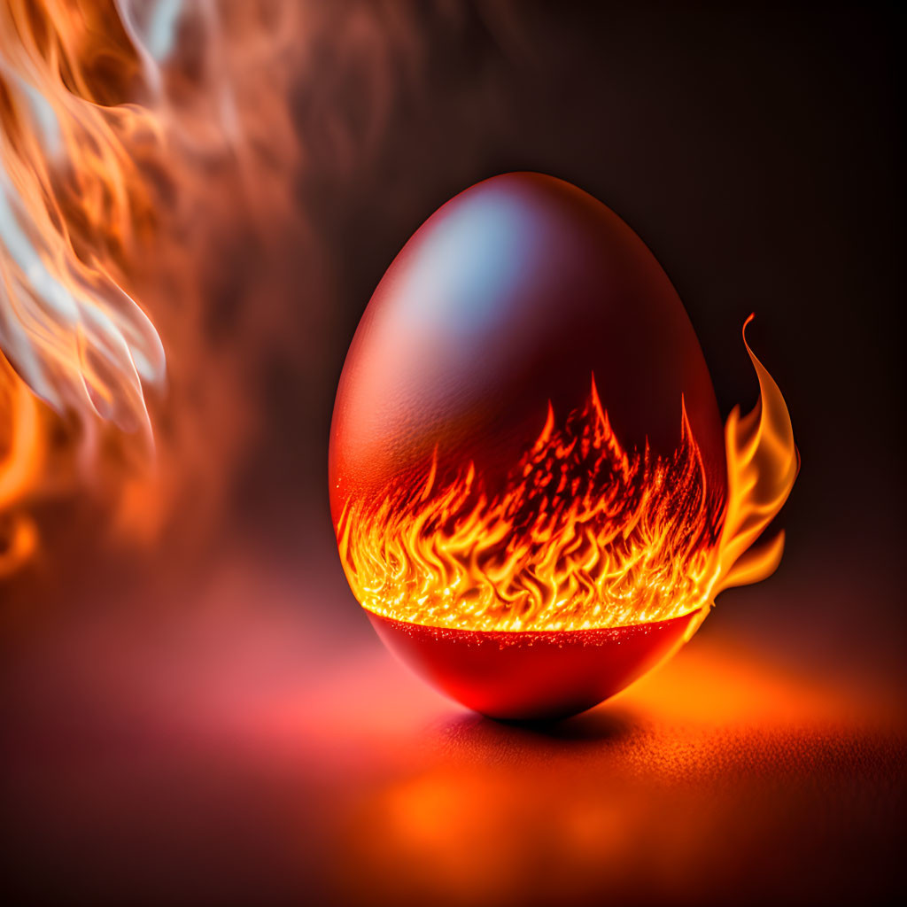 Flaming egg with fiery pattern on dark background