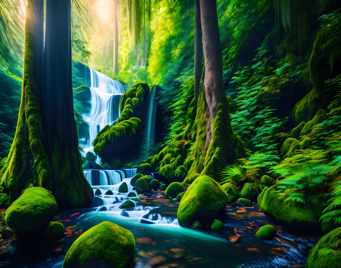 Tranquil forest scene with cascading waterfall