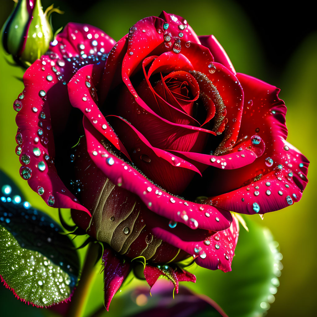 Vibrant red rose with dewdrops on petals against green background