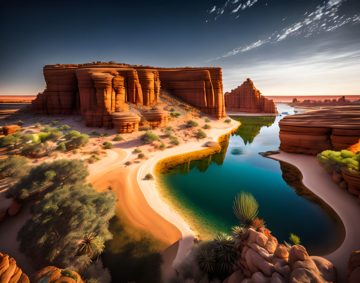 Red Sandstone Formations and River in Desert Oasis