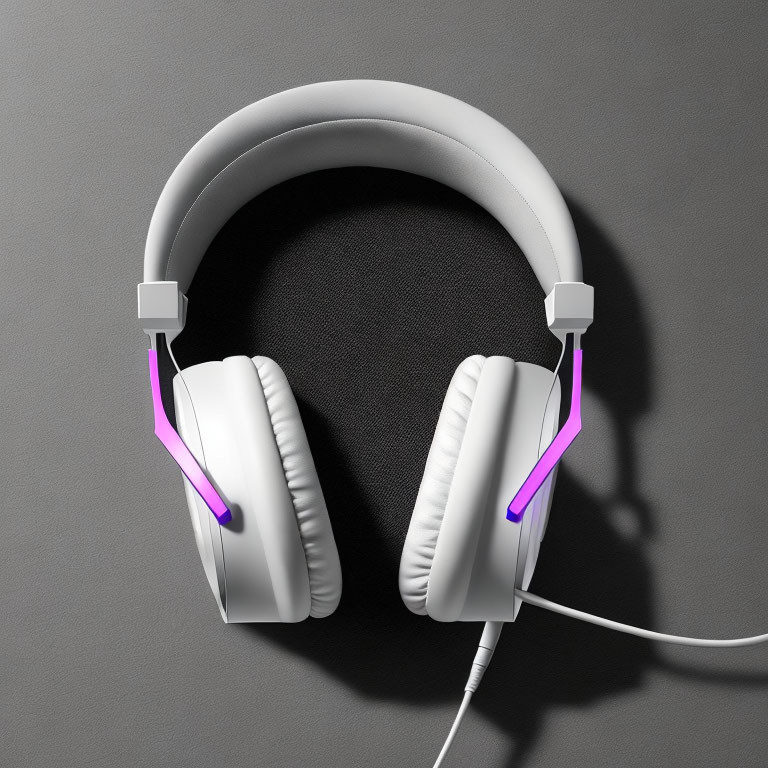 White Over-Ear Headphones with Purple Lighting on Dark Grey Background