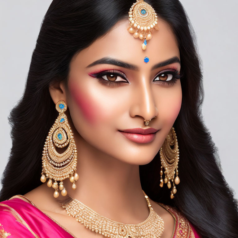 Elaborately adorned woman in gold jewelry and pink outfit gazes ahead