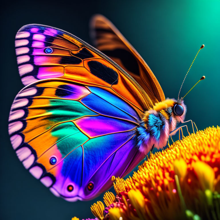 Colorful Butterfly on Yellow Flower Against Teal Background