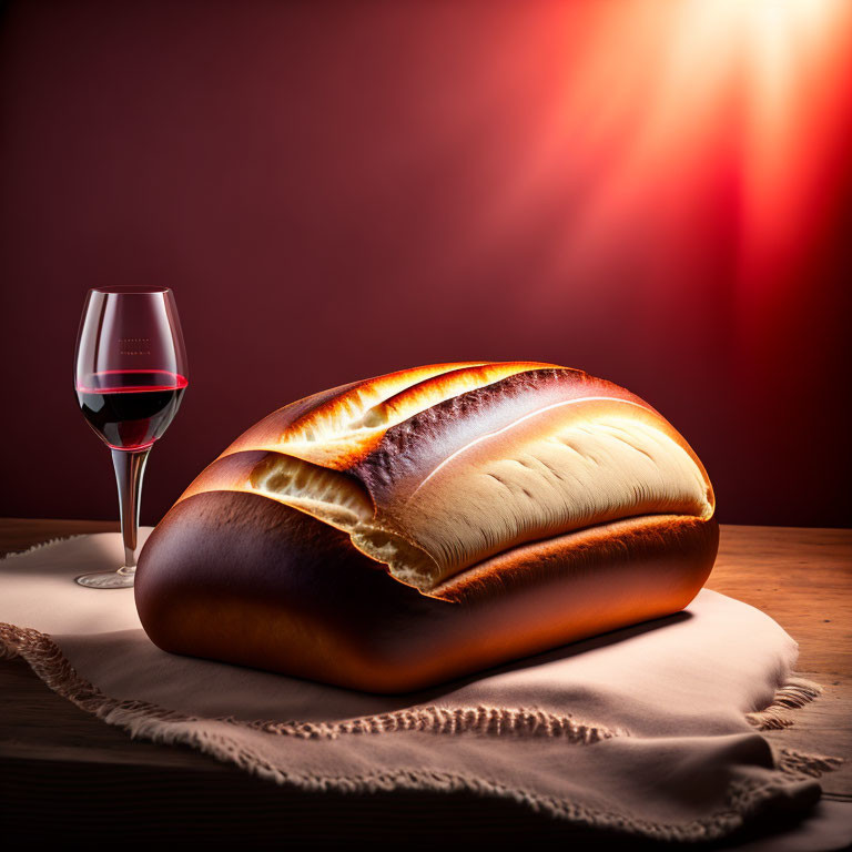 Freshly Baked Bread and Red Wine on Wooden Table