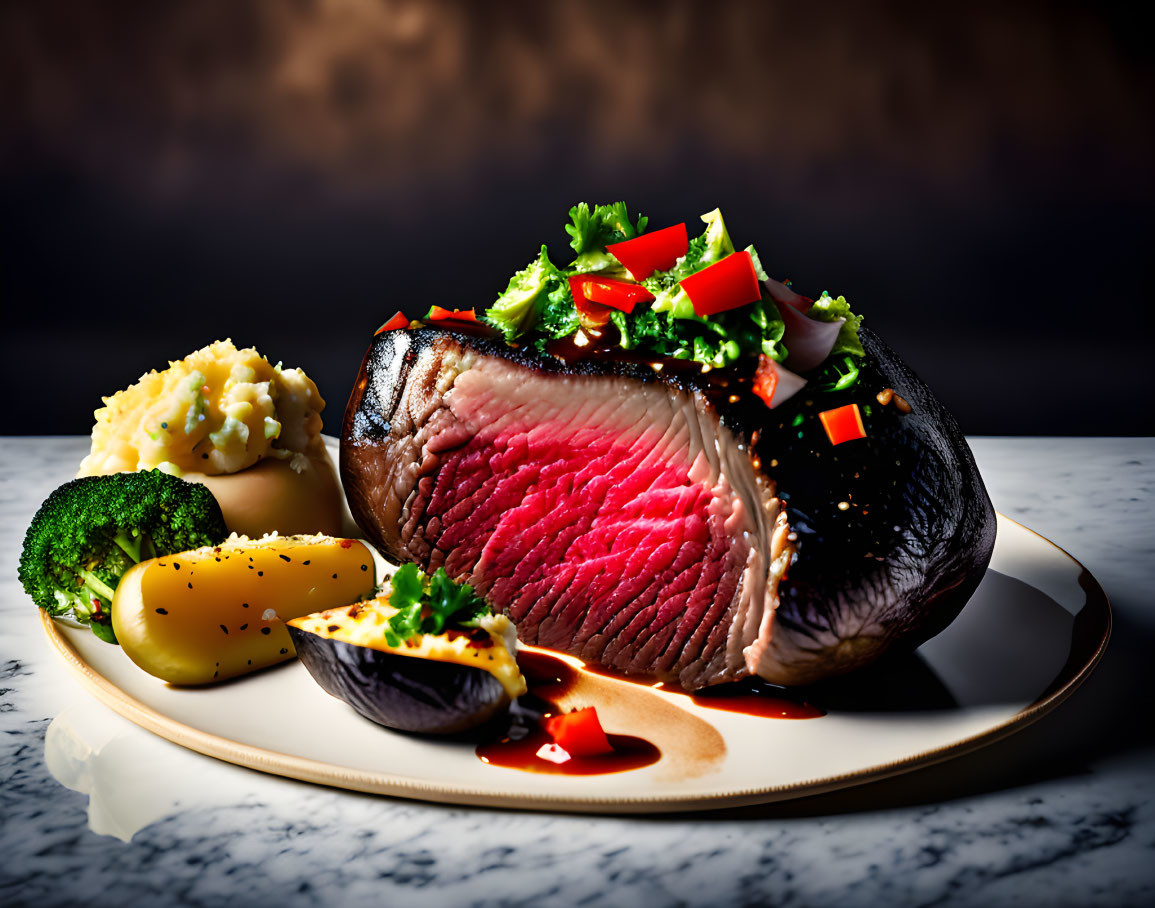 Medium-rare beef roast with mashed potatoes, broccoli, and herbs on elegant plate.