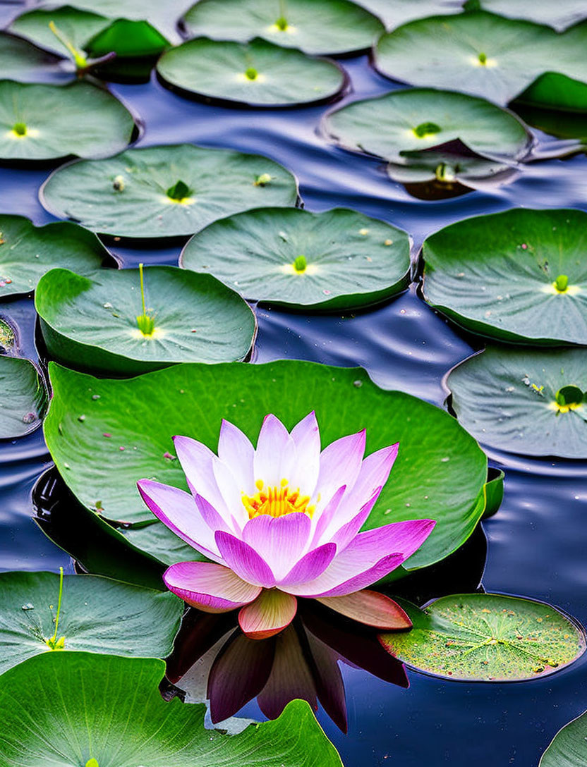 Vibrant Pink Water Lily Blooming on Blue Water Surface