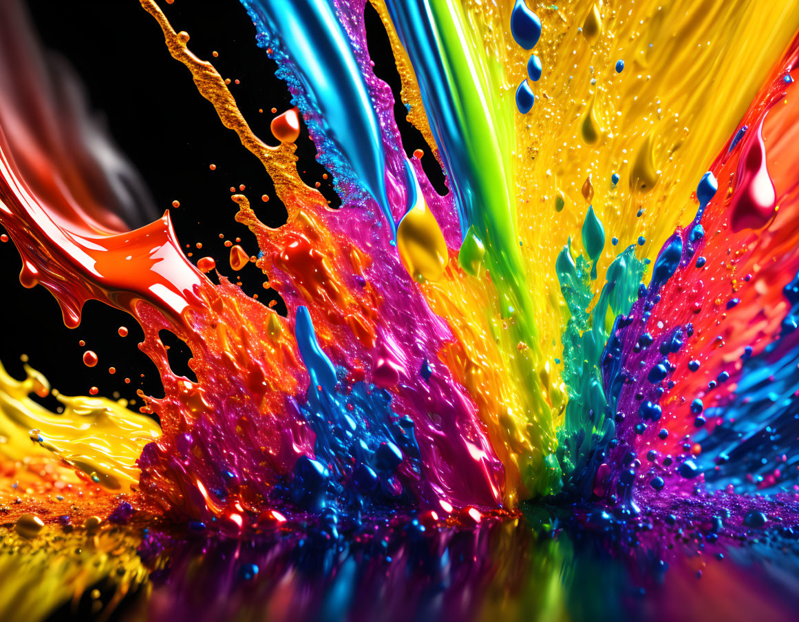 Multicolored paint splashes on black background explosion.