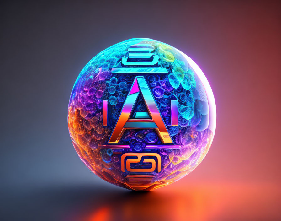 Colorful 3D sphere with neon "AI" letters, intricate patterns, bubbles, gradient background