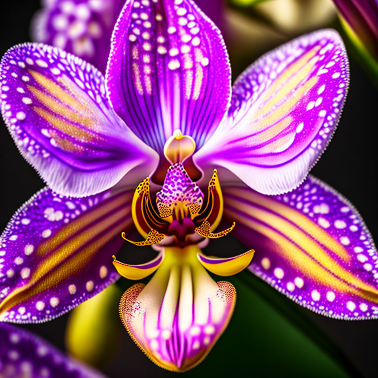 Vibrant purple and yellow orchid with dotted patterns on petals against dark background