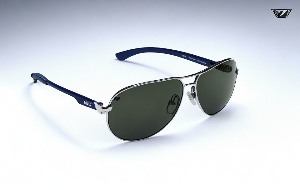 Metallic Frame Aviator Sunglasses with Dark Gradient Lenses and Blue Accents