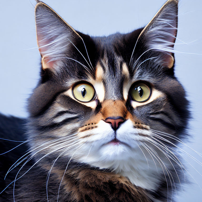 Fluffy tabby cat with yellow eyes and striped fur on grey background