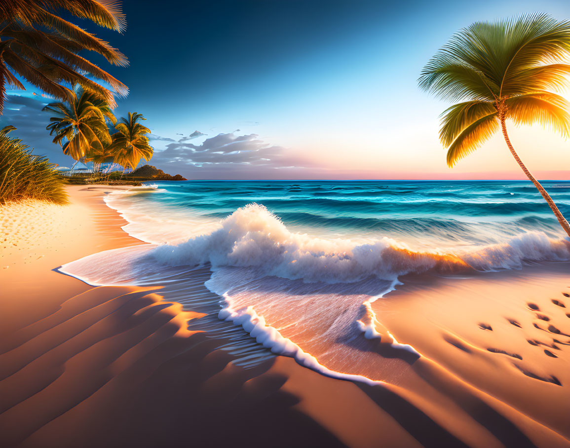 Vibrant tropical beach sunset with crashing waves, palm trees, and footprints