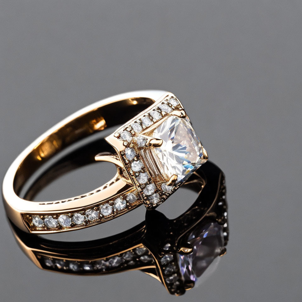 Square-Cut Diamond Ring with Accent Stones on Gold Band on Reflective Surface