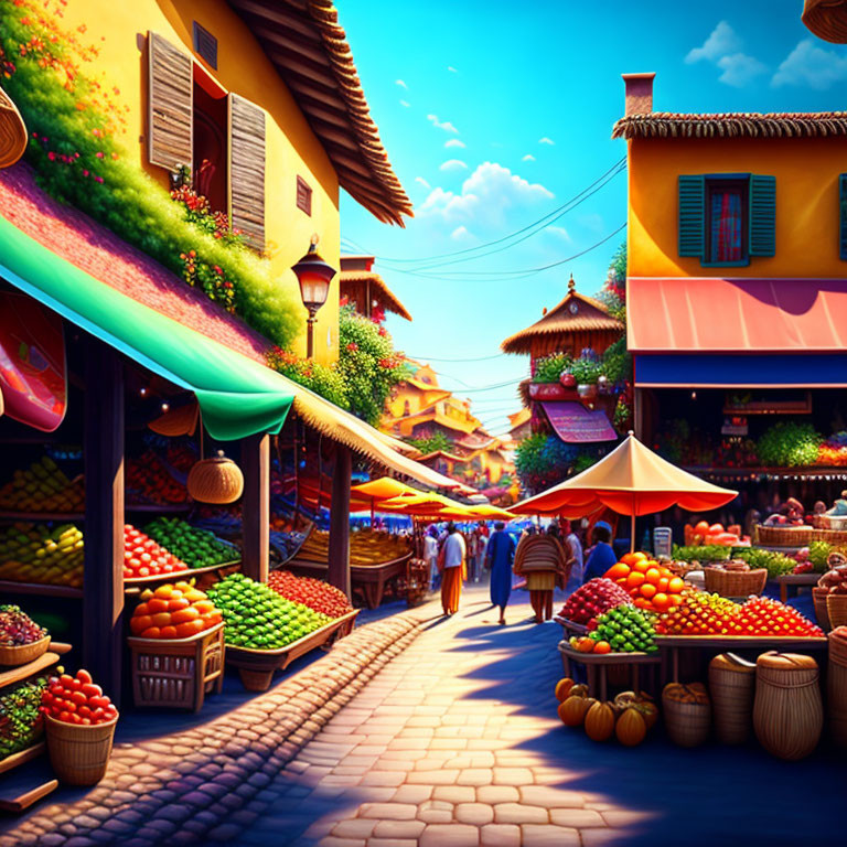 Colorful marketplace with fresh produce stalls and bustling shoppers on a sunny day