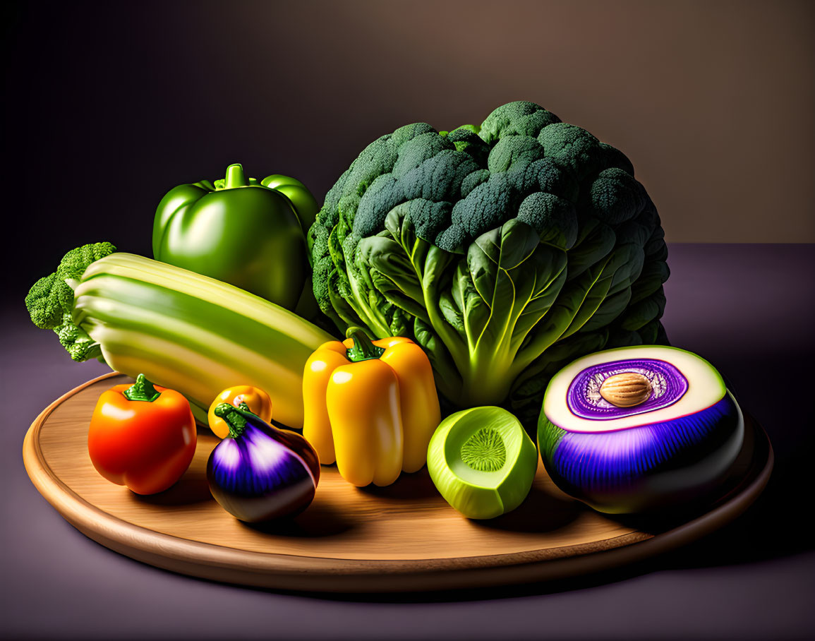 Vibrant glossy vegetables on wooden board