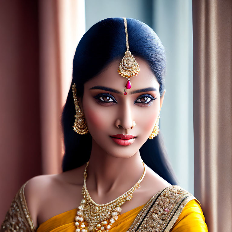 Traditional Indian jewelry and makeup on woman in yellow saree