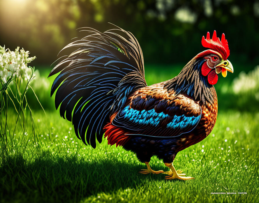 Colorful Rooster with Blue and Copper Feathers in Sunlit Grassland