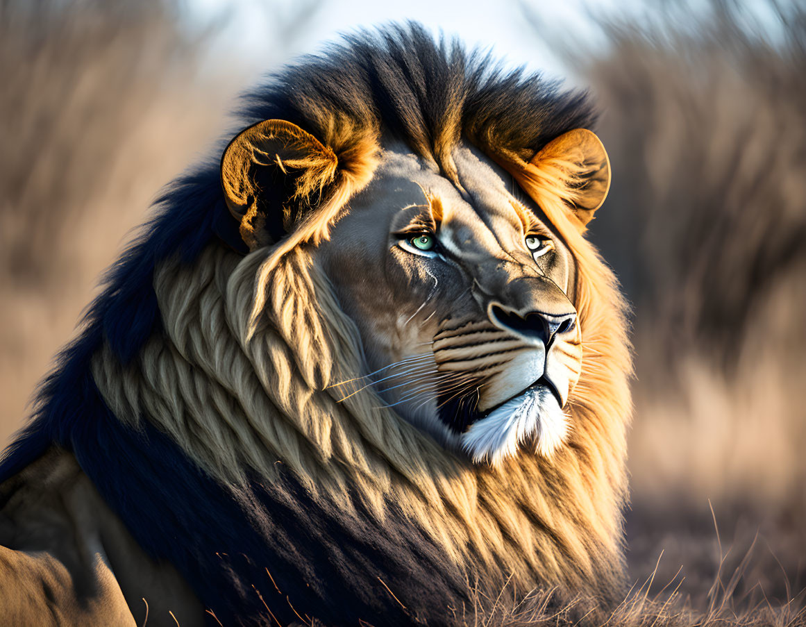 Majestic lion with thick mane in soft sunlight