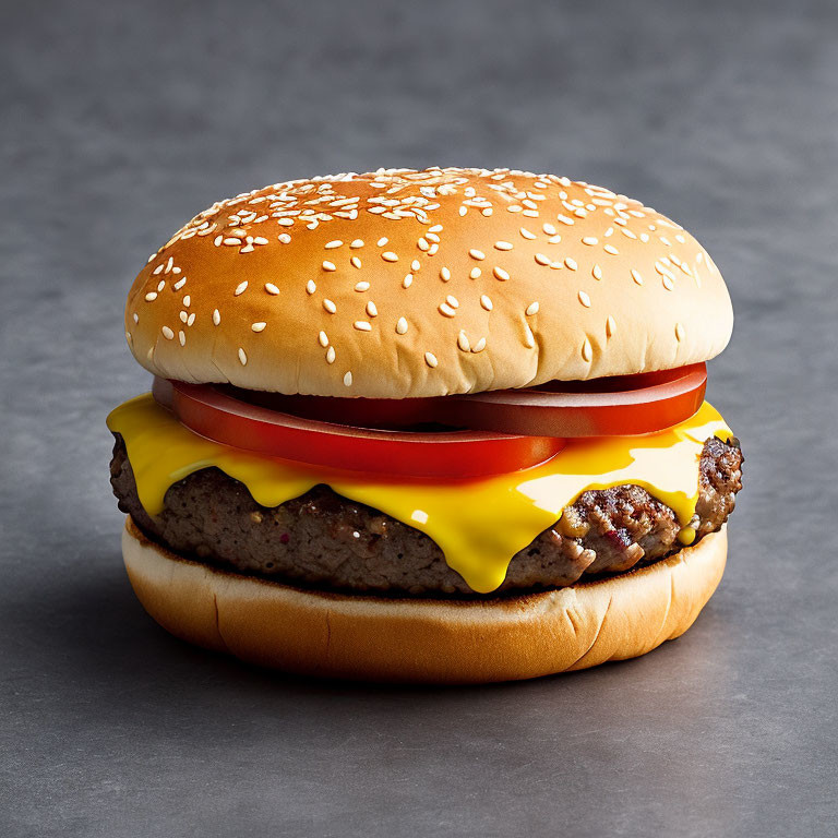 Sesame Seed Bun Cheeseburger with Beef Patty, Melted Cheese, Tomato Slice on Grey