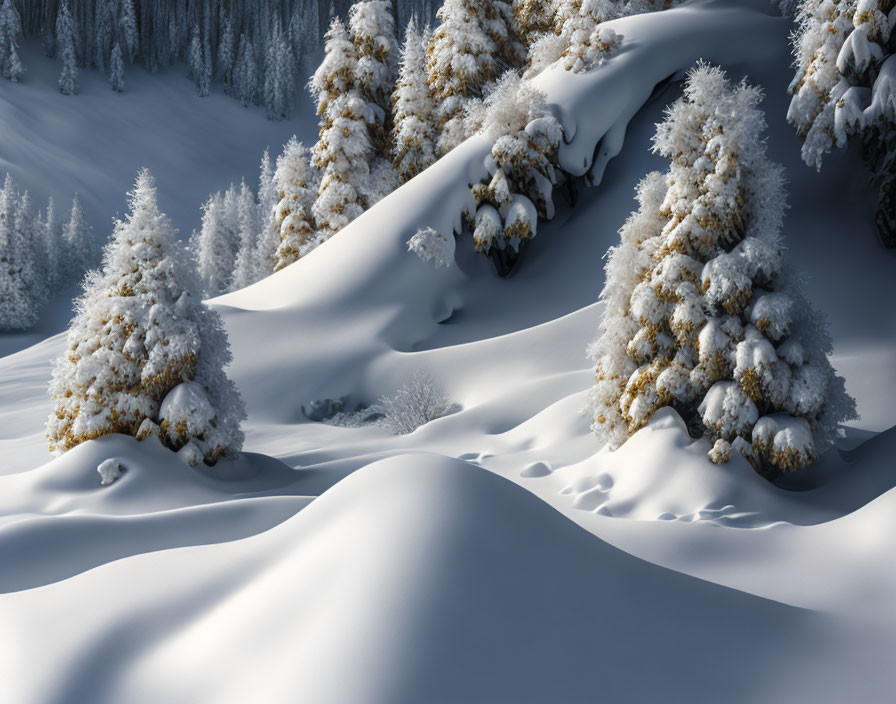 Snow-covered hills and coniferous trees in serene winter scene