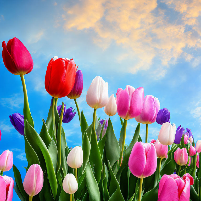 Vibrant tulips under blue sky at sunset