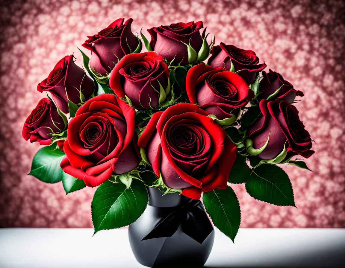 Red Roses Bouquet in Black Vase on Pink Patterned Background