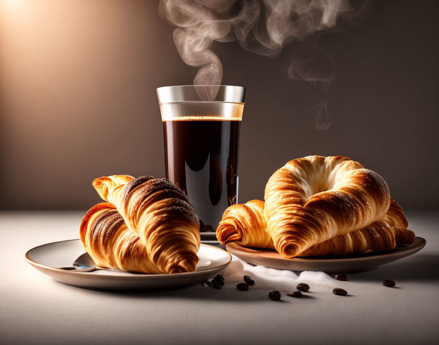 Steaming black coffee with golden croissants and coffee beans on plates