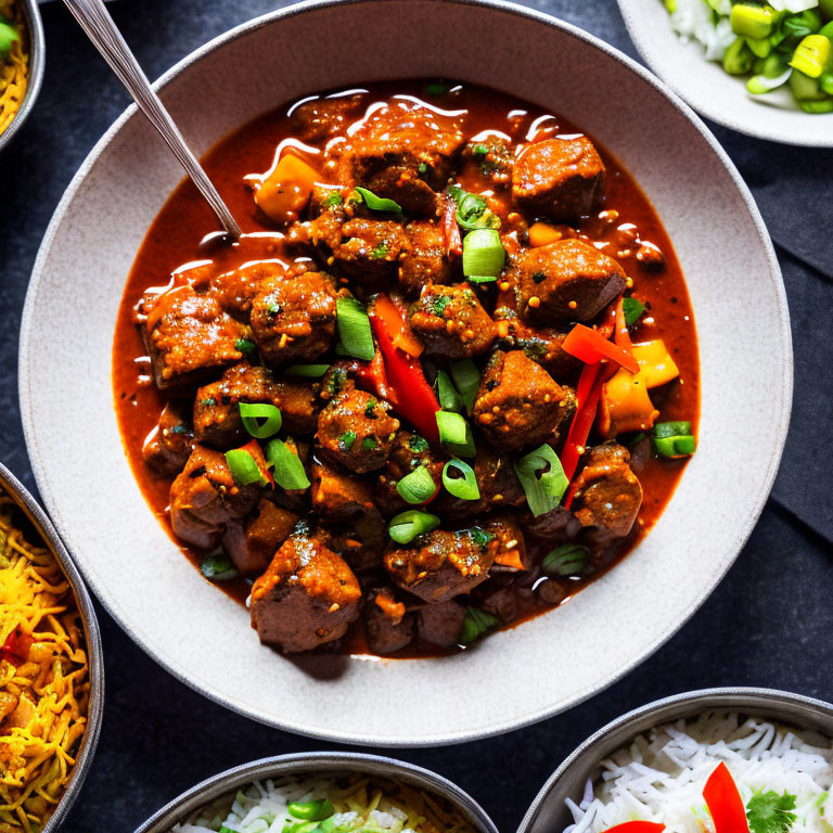 Savory Spicy Beef Curry Bowl with Rice and Green Onions