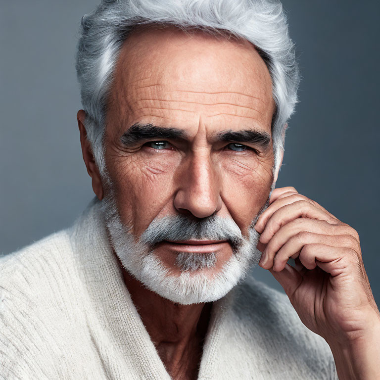 Elder Gentleman with White Beard and Mustache in White Sweater