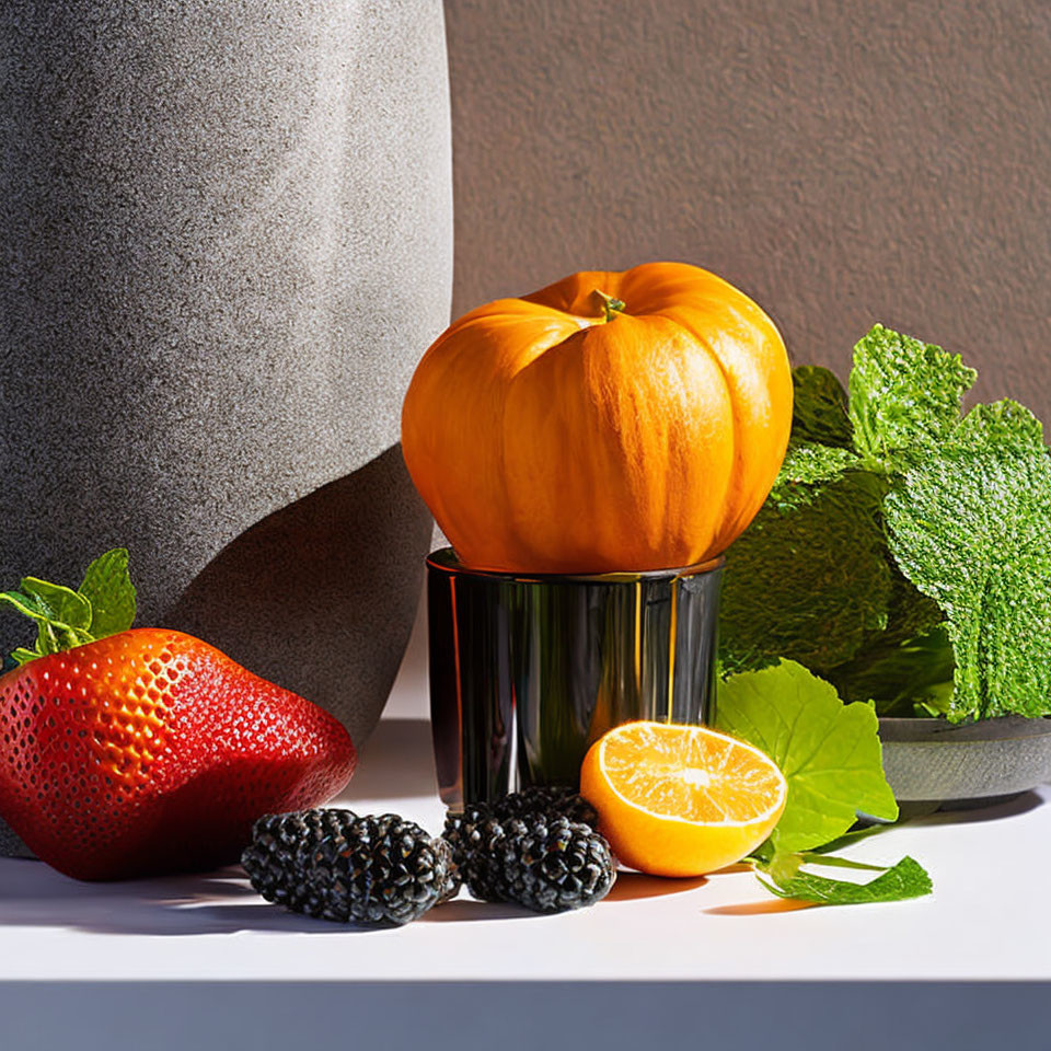 Vibrant fresh produce assortment with pumpkin, blackberries, strawberry, orange, and mint leaves under