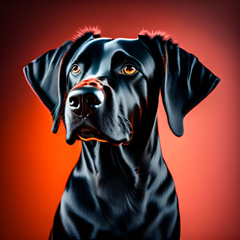 Black Dog with Glossy Fur and Amber Eyes on Warm Gradient Background