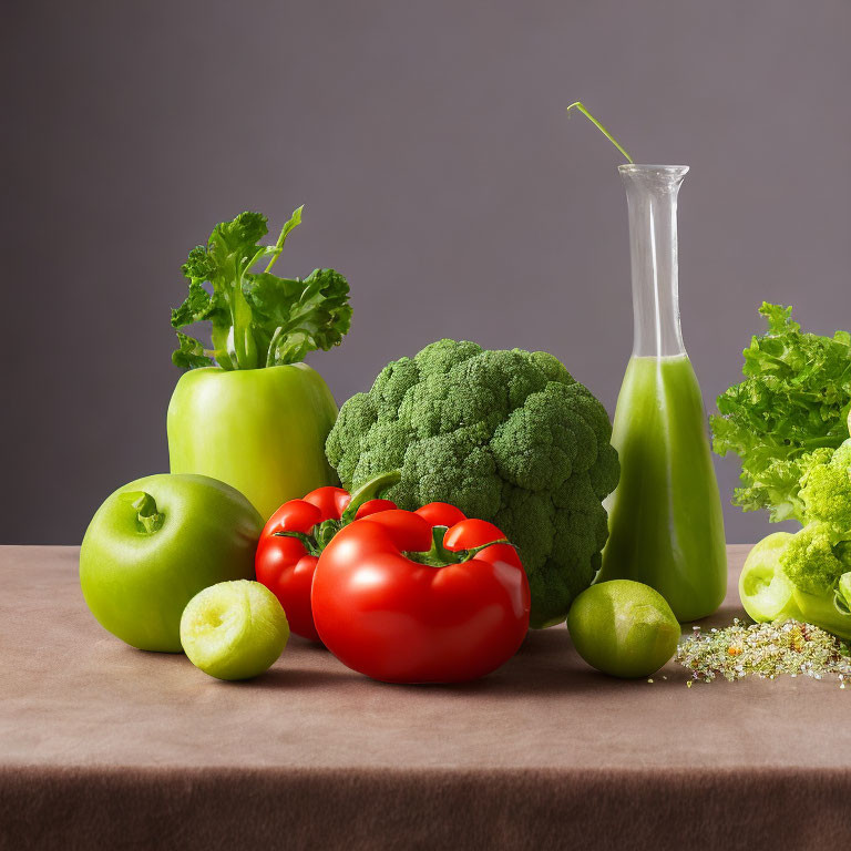 Vibrant still life with fresh vegetables and green juice