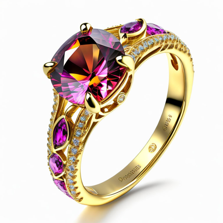 Pink Gemstone Gold Ring with Purple Gems and Diamonds on Reflective Surface