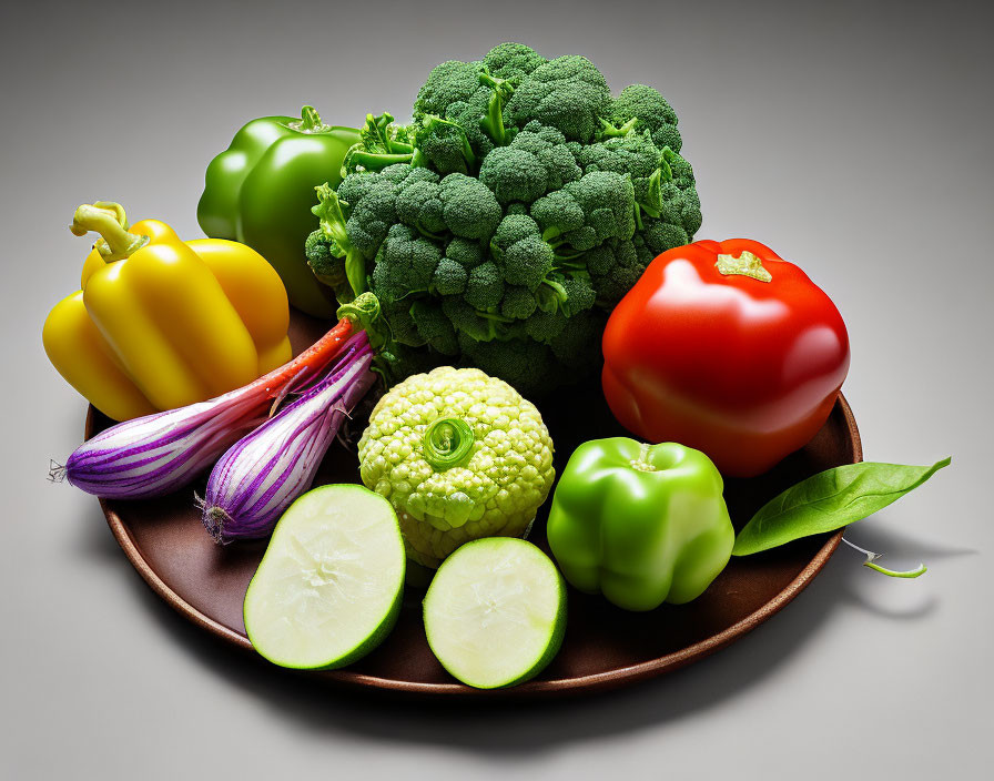 Colorful Fresh Vegetable Assortment on Brown Plate