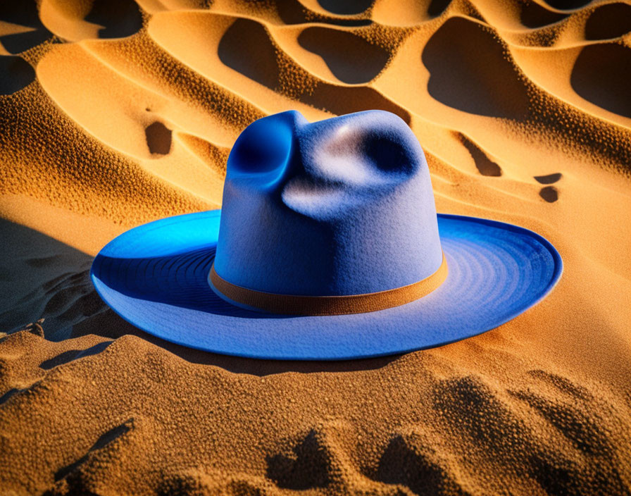 Wide-brimmed blue hat on sandy desert surface with shadow