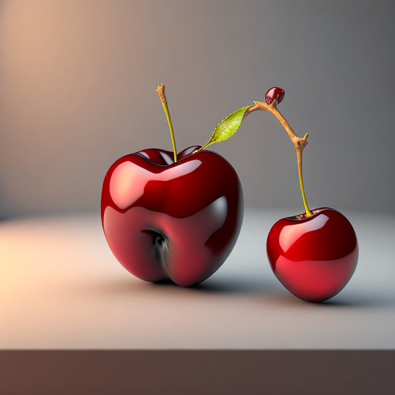 Shiny stylized cherries with green leaf on soft-lit backdrop