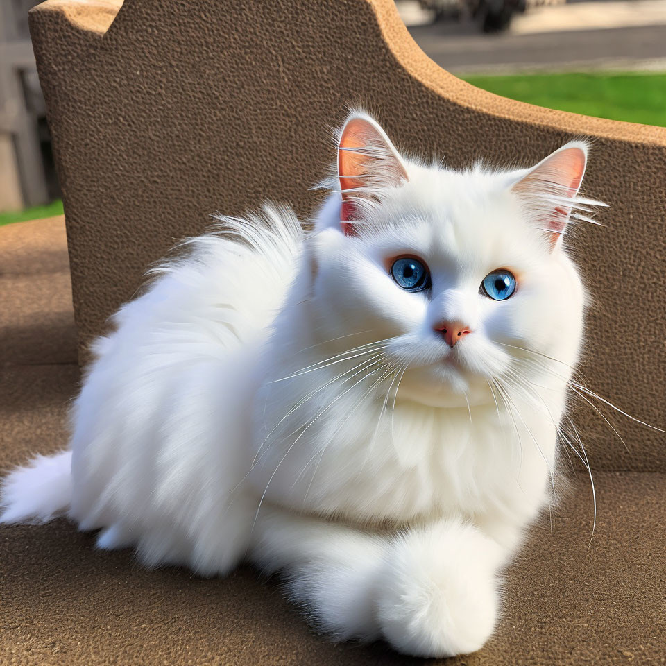 Fluffy White Cat with Blue Eyes on Brown Surface