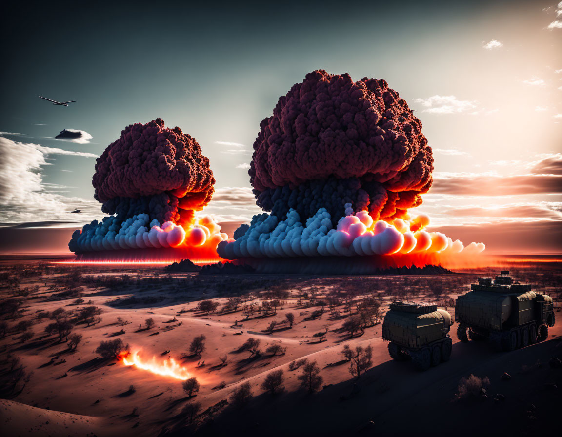 Barren desert landscape with twin mushroom clouds and military vehicles