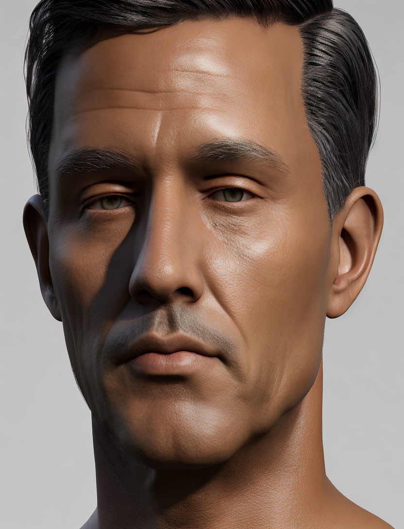 Detailed 3D-modeled male face with serious expression