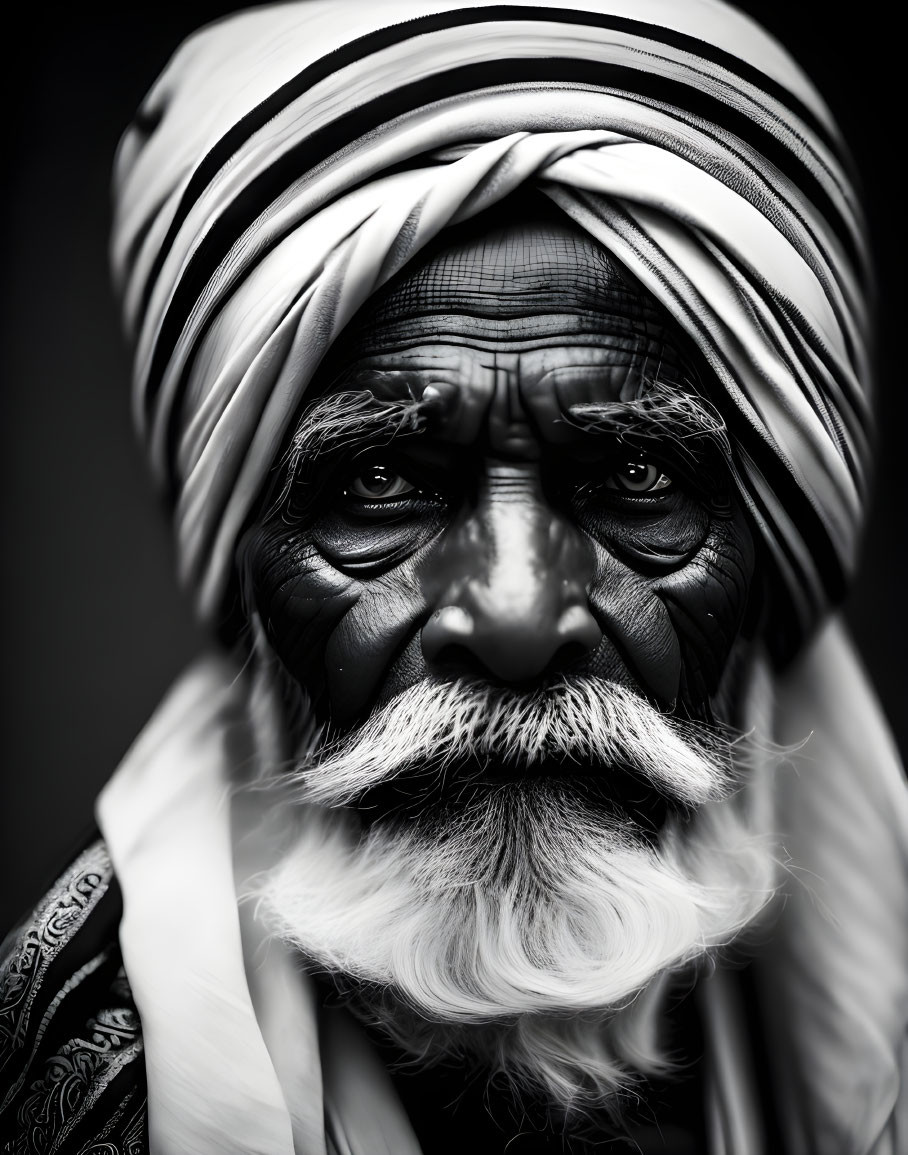 Elderly man with turban, white beard, and deep-set eyes on dark background