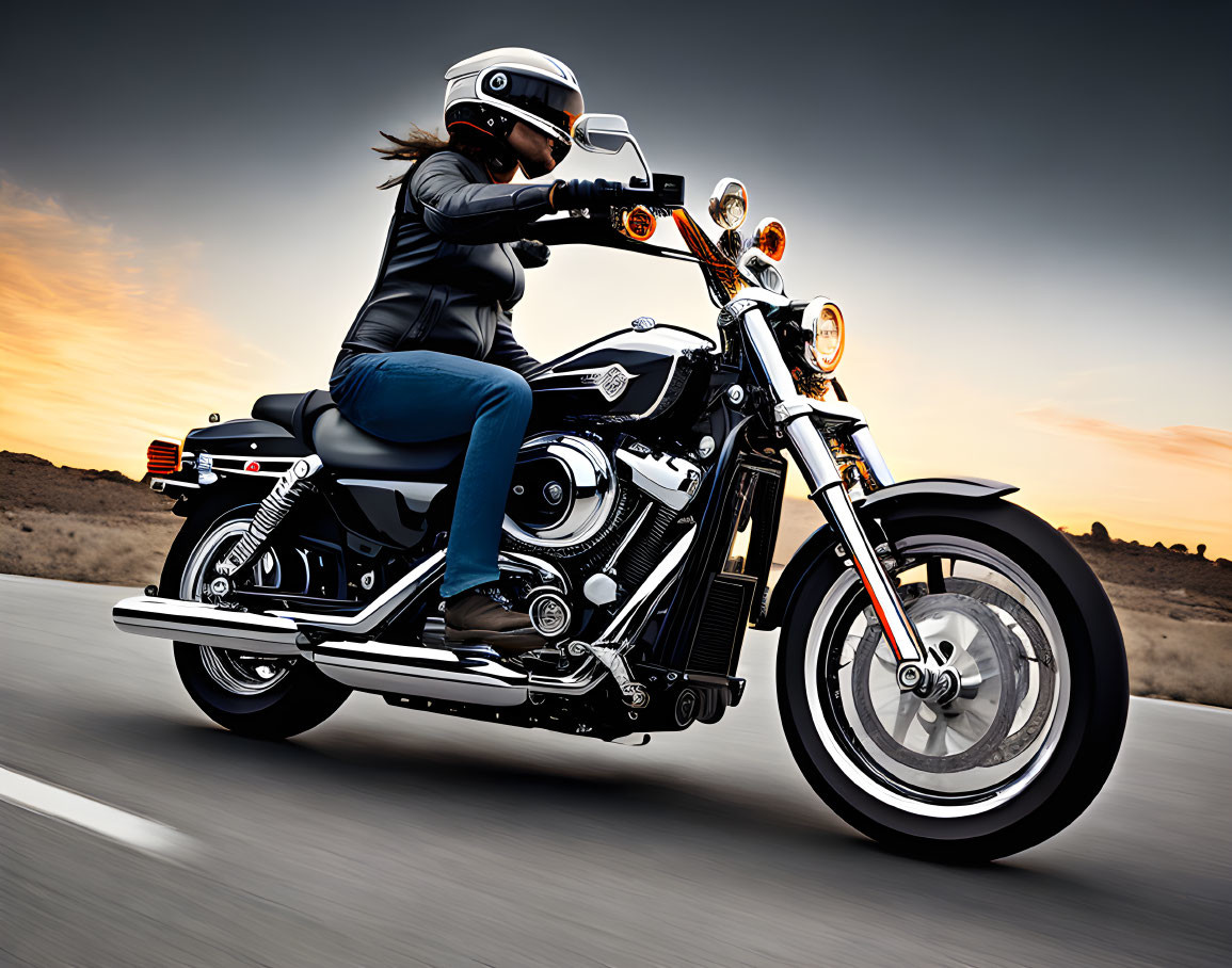 Motorcyclist in Black Helmet Riding Classic Motorcycle on Asphalt Road at Dusk