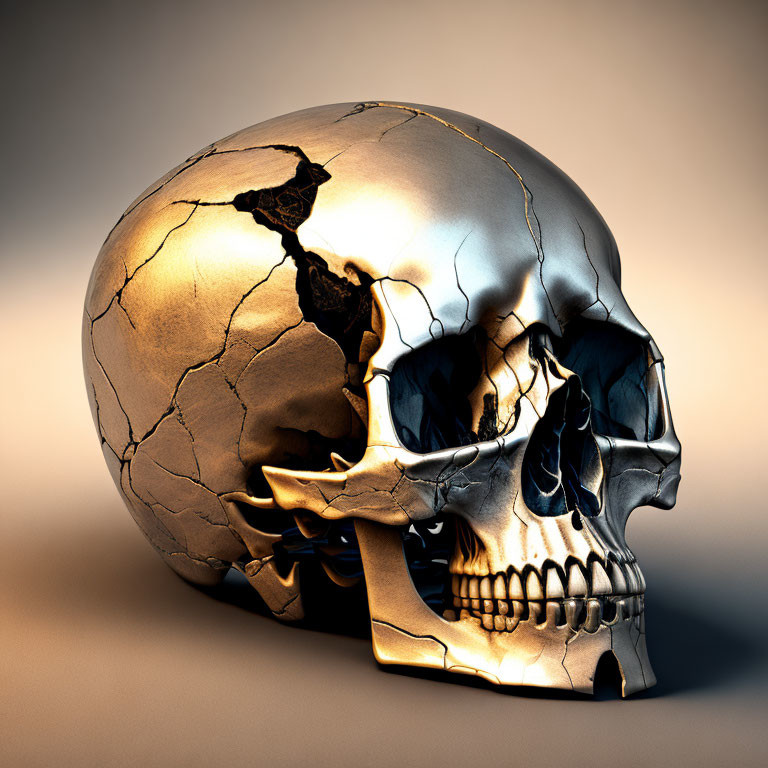 Golden Metallic Skull with Crack Patterns on Neutral Background